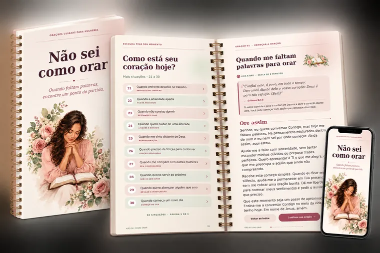 Caderno aberto com índice e oração, capa ao lado e o mesmo PDF no celular; exemplo de impressão